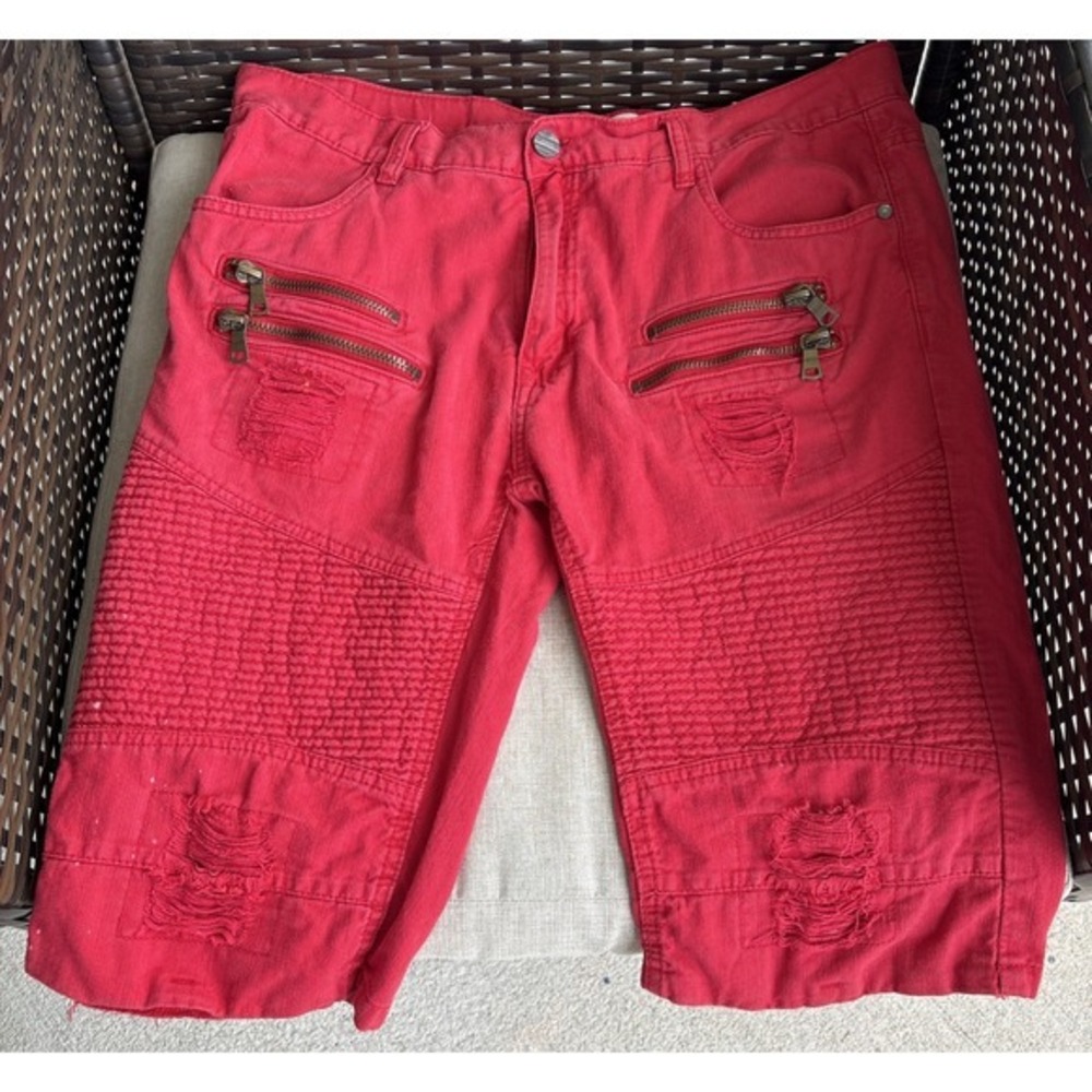 FWRD Red Denim Shorts Distressed zipper Slim Jeans Grunge Y2K Men's Size 36 Vntg